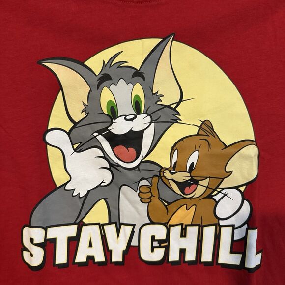 Tom And Jerry T-Shirt Medium 8 Youth Stay Chill Red Short Sleeve Cartoon Tee - Picture 2 of 6